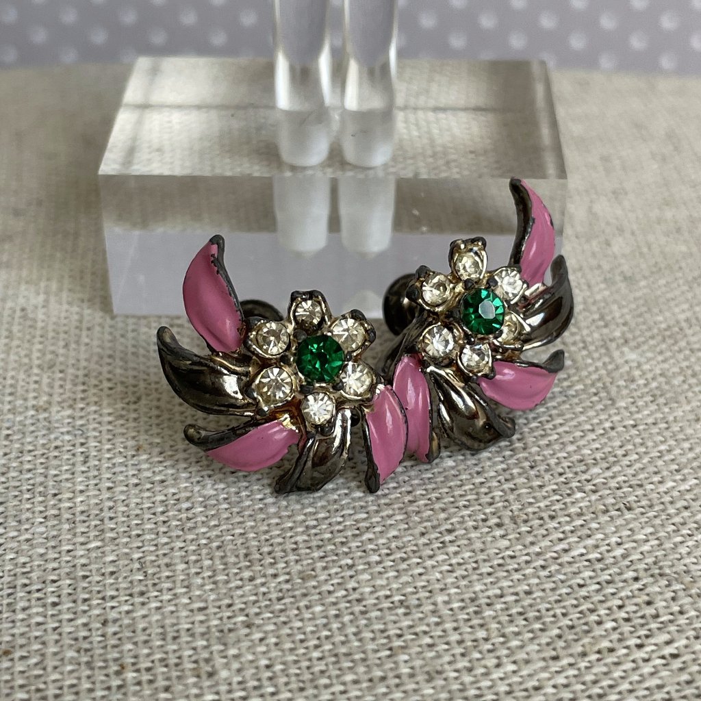 Vintage Floral Rhinestones Enamel Screw Back Earrings